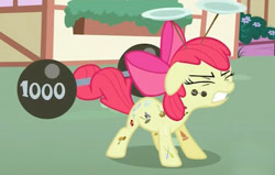 Size: 350x223 | Tagged: safe, screencap, character:apple bloom, species:earth pony, species:pony, episode:the cutie pox, g4, my little pony: friendship is magic, alternate cutie mark, barbell, cutie mark, cutie pox, female, solo