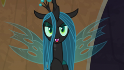 Size: 1920x1080 | Tagged: safe, screencap, character:queen chrysalis, species:changeling, episode:frenemies, g4, my little pony: friendship is magic, changeling queen, crown, evil lair, eyeshadow, fangs, female, former queen chrysalis, grogar's lair, insect wings, jewelry, lair, makeup, quadrupedal, regalia, slit eyes, solo, spread wings, wings