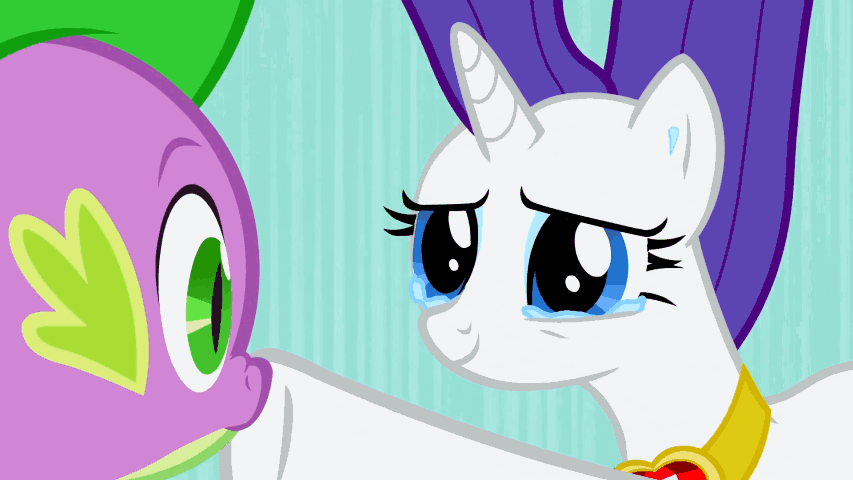 Size: 853x480 | Tagged: safe, screencap, character:rarity, character:spike, species:dragon, species:pony, species:unicorn, episode:secret of my excess, g4, my little pony: friendship is magic, animated, boop, falling, female, fire ruby, gem, gif, loop, male, ruby, shipping fuel, speed lines, teary eyes