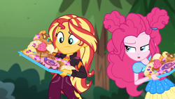 Size: 1914x1080 | Tagged: safe, screencap, character:pinkie pie, character:sunset shimmer, episode:wake up!, g4, my little pony:equestria girls, bread, cake, candy, croissant, donut, duo, duo female, female, food, frosting, jelly beans, junk food, outdoors, pastries, pastry, this will end in diabetes, waffle, wake up!: pinkie pie