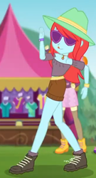 Size: 330x612 | Tagged: safe, screencap, character:scribble dee, episode:accountibilibuddies, g4, my little pony:equestria girls, background human, clothing, female, hat, legs, peppermint azure, shorts, solo, sunglasses, tongue out