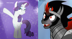Size: 1746x960 | Tagged: safe, screencap, character:king sombra, character:rarity, species:pony, species:unicorn, ship:sombrarity, episode:fake it 'til you make it, episode:the beginning of the end, g4, my little pony: friendship is magic, armor, bedroom eyes, bipedal, cape, caption, clothing, cute, dialogue, fangs, female, funny, image macro, in love, male, mare, pose, shipping, sombradorable, stallion, straight, text