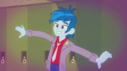 Size: 1280x720 | Tagged: safe, screencap, episode:music to my ears, equestria girls:rainbow rocks, g4, my little pony:equestria girls, arms spread out, background human, clothing, jacket, lockers, male, necktie, smiling, solo, thunderbass