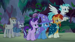 Size: 1920x1080 | Tagged: safe, screencap, character:maud pie, character:mudbriar, character:starlight glimmer, character:sunburst, character:terramar, character:trixie, species:classical hippogriff, species:hippogriff, species:pony, episode:student counsel, cape, clothing, hat, robe, sunburst's robe, trixie's cape, trixie's hat