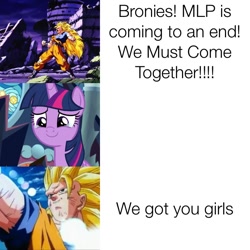 Size: 710x710 | Tagged: safe, screencap, character:twilight sparkle, character:twilight sparkle (alicorn), species:alicorn, species:pony, bronybait, clothing, crying, destroyed building, dragon ball z, end of ponies, female, goku, lens flare, male, mare, meme, positive ponies, proud, super saiyan 3, torn clothes, triumphant, wrath of the dragon