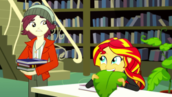 Size: 1280x720 | Tagged: safe, screencap, character:normal norman, character:sunset shimmer, episode:epic fails, eqg summertime shorts, g4, my little pony:equestria girls, awkward moment, book, concerned, confused, cute, eating, eye contact, female, frown, humans doing horse things, looking at each other, male, nom, shimmerbetes, smiling, sunset wants her old digestive system back