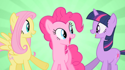 Size: 1280x720 | Tagged: safe, screencap, character:fluttershy, character:pinkie pie, character:twilight sparkle, character:twilight sparkle (unicorn), species:earth pony, species:pegasus, species:pony, species:unicorn, episode:party of one, g4, my little pony: friendship is magic, cute, happy, looking at each other, open mouth, sunburst background