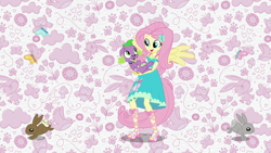 Size: 1920x1080 | Tagged: safe, screencap, character:angel bunny, character:fluttershy, character:spike, character:spike (dog), species:dog, species:owl, species:rabbit, my little pony:equestria girls, animal, butterfly, clothing, feet, female, geode of fauna, magical geodes, male, paws, ponied up, sandals, smiling, spike's dog collar, theme song, wings