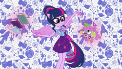 Size: 1920x1080 | Tagged: safe, screencap, character:spike, character:spike (dog), character:twilight sparkle, character:twilight sparkle (scitwi), species:dog, species:eqg human, my little pony:equestria girls, clothing, cute, female, geode of telekinesis, glasses, legs, magic, magical geodes, male, paws, ponied up, ponytail, scitwilicorn, skirt, spike's dog collar, telekinesis, theme song, wings