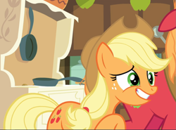 Size: 1057x784 | Tagged: safe, screencap, character:applejack, character:big mcintosh, species:earth pony, species:pony, episode:going to seed, g4, my little pony: friendship is magic, awkward smile, cropped, faec, female, floppy ears, freckles, grin, male, mare, offscreen character, raised hoof, smiling, solo focus, stallion