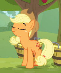 Size: 530x639 | Tagged: safe, screencap, character:applejack, species:earth pony, species:pony, episode:going to seed, g4, my little pony: friendship is magic, cropped, cute, cutie mark, eyes closed, pride, proud, raised hoof, silly, silly pony, smiling, solo, tied hair, who's a silly pony