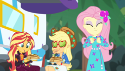 Size: 1600x900 | Tagged: safe, screencap, character:applejack, character:fluttershy, character:sunset shimmer, episode:wake up!, g4, my little pony:equestria girls, applejack's festival hat, applejack's sunglasses, cute, eating, flower, flower in hair, food, happy, pancakes, rv, shyabetes, syrup, wake up!: applejack
