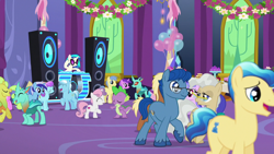 Size: 1280x720 | Tagged: safe, screencap, character:amethyst star, character:daisy, character:dj pon-3, character:goldengrape, character:ivory, character:ivory rook, character:leadwing, character:mayor mare, character:meadow song, character:minuette, character:sapphire joy, character:sea swirl, character:sparkler, character:spike, character:sweetie belle, character:vinyl scratch, species:changeling, species:crystal pony, species:dragon, species:pony, species:reformed changeling, species:unicorn, episode:celestial advice, g4, my little pony: friendship is magic, amplifier, animation error, apple, balloon, bass cannon, cake, castle, clypeus, cornicle, dj glasses, eyes closed, facial hair, female, filly, flower, food, glasses, male, mare, open mouth, party, shipping fuel, speaker, stallion