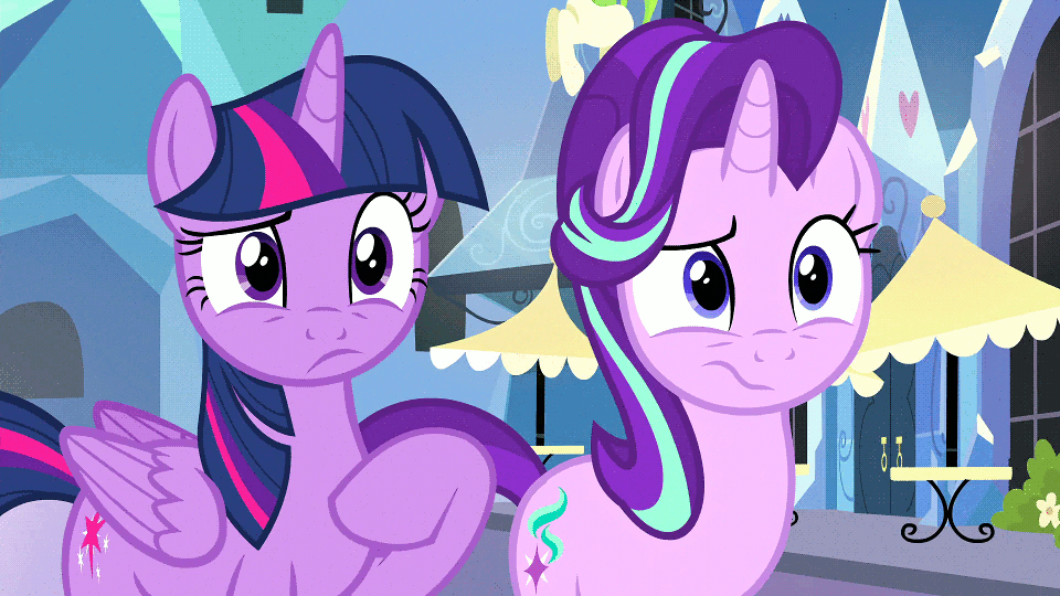 Size: 960x540 | Tagged: safe, screencap, character:starlight glimmer, character:twilight sparkle, character:twilight sparkle (alicorn), species:alicorn, species:pony, species:unicorn, episode:the times they are a changeling, g4, my little pony: friendship is magic, animated, confused, crystal empire, cutie mark, duo, female, frown, hoof on chest, looking at each other, mare, pointing, raised eyebrow, raised hoof