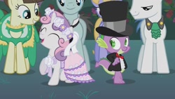 Size: 1280x720 | Tagged: safe, screencap, character:bruce mane, character:cloud kicker, character:fine line, character:orion, character:spike, character:sweetie belle, species:dragon, species:pony, episode:a canterlot wedding, g4, my little pony: friendship is magic, bow tie, clothing, cute, dancing, dress, female, filly, flower, flower filly, flower girl dress, flower in hair, hat, mare, shipping fuel, suit, top hat, tuxedo
