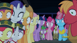 Size: 639x360 | Tagged: safe, screencap, character:apple bloom, character:applejack, character:big mcintosh, character:cup cake, character:fluttershy, character:matilda, character:pinkie pie, character:rarity, character:scootaloo, character:spike, character:sweetie belle, character:twilight sparkle, character:twilight sparkle (alicorn), species:alicorn, species:dragon, species:earth pony, species:pegasus, species:pony, species:unicorn, episode:28 pranks later, g4, my little pony: friendship is magic, cutie mark crusaders, discovery family logo, female, filly, girl scout, girl scout uniform, looking at you, male, mare, stallion