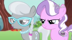 Size: 1280x720 | Tagged: safe, screencap, character:diamond tiara, character:silver spoon, species:earth pony, species:pony, episode:flight to the finish, g4, my little pony: friendship is magic, bedroom eyes, female, filly, glasses, hub logo, jewelry, necklace, new episode, pearl necklace, tiara