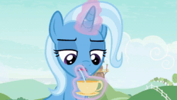 Size: 1920x1080 | Tagged: safe, screencap, character:trixie, species:pony, episode:student counsel, animated, cup, displeased, female, food, mare, raised eyebrow, solo, sound, tea, teacup, webm