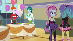 Size: 1280x720 | Tagged: safe, screencap, character:captain planet, character:heath burns, equestria girls:friendship games, g4, my little pony:equestria girls, background human, balloon, cheese, female, food, heath burns, male, pixel pizazz, violet blurr