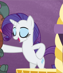 Size: 813x939 | Tagged: safe, screencap, character:rarity, character:yona, species:pony, species:unicorn, species:yak, episode:she's all yak, g4, my little pony: friendship is magic, bipedal, cropped, eyes closed, female, fit right in, hoof on hip, mare, offscreen character, open mouth, smiling, solo focus