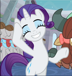 Size: 882x942 | Tagged: safe, screencap, character:rarity, character:star gazer, character:yona, species:pony, species:unicorn, species:yak, episode:she's all yak, g4, my little pony: friendship is magic, bipedal, cropped, cute, eyes closed, female, hoof on head, mare, offscreen character, raised hoof, raribetes, smiling, solo focus
