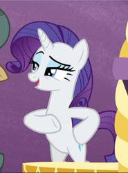 Size: 696x940 | Tagged: safe, screencap, character:rarity, species:pony, species:unicorn, episode:she's all yak, g4, my little pony: friendship is magic, beautiful, bipedal, cropped, cutie mark, eyeshadow, female, fit right in, hair flip, hoof on hip, lidded eyes, looking at someone, makeup, mare, open mouth, raised eyebrow, singing, smiling, solo focus