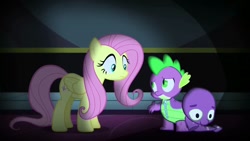 Size: 1280x720 | Tagged: safe, screencap, character:fluttershy, character:spike, species:dragon, species:pegasus, species:pony, episode:scare master, g4, my little pony: friendship is magic, castle, clothing, costume, dragon costume, female, looking at each other, male, mare, nightmare night, twilight's castle