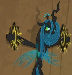 Size: 653x677 | Tagged: safe, screencap, character:queen chrysalis, species:changeling, species:pony, episode:frenemies, episode:overpowered, g4, my little pony: friendship is magic, my little pony:equestria girls, annoyed, bondage, changeling queen, evil lair, eyeshadow, female, former queen chrysalis, grogar's lair, helpless, insect wings, lair, magic, magic aura, makeup, solo, wings