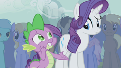 Size: 1280x720 | Tagged: safe, screencap, character:cloud kicker, character:lyra heartstrings, character:rarity, character:spike, species:dragon, species:pony, species:unicorn, episode:boast busters, g4, my little pony: friendship is magic, confused, duo focus, embarrassed, female, looking at each other, male, mare, nervous, raised eyebrow