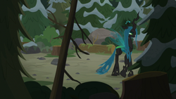 Size: 1280x720 | Tagged: safe, screencap, character:queen chrysalis, species:changeling, episode:frenemies, g4, my little pony: friendship is magic, changeling queen, female, forest, former queen chrysalis, log, pine tree, solo, tree