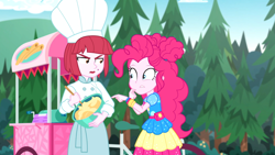 Size: 1912x1080 | Tagged: safe, screencap, character:pinkie pie, equestria girls:sunset's backstage pass, g4, my little pony:equestria girls, batter, beauty mark, bowl, chef's hat, clothing, female, food, food stand, frown, hat, mixing bowl, outdoors, puffed pastry, spoon