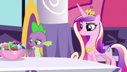 Size: 1280x720 | Tagged: safe, screencap, character:princess cadance, character:spike, species:alicorn, species:dragon, species:pony, episode:princess spike, g4, my little pony: friendship is magic, ashamed, bowl, canterlot, crown, cutie mark, disappointed, female, folded wings, frown, gem, jewelry, lidded eyes, male, mare, raised eyebrow, regalia, sad, slit eyes, unamused, wings
