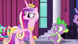 Size: 1280x720 | Tagged: safe, screencap, character:princess cadance, character:spike, character:twilight sparkle, character:twilight sparkle (alicorn), species:alicorn, species:dragon, species:pony, episode:princess spike, g4, my little pony: friendship is magic, canterlot, crown, female, gem, jewelry, male, mare, pointing, regalia