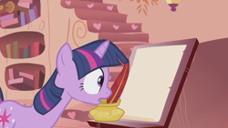 Size: 1920x1080 | Tagged: safe, screencap, character:twilight sparkle, character:twilight sparkle (unicorn), species:pony, species:unicorn, episode:griffon the brush-off, female, golden oaks library, inkwell, mare, quill, scroll, solo, wide eyes