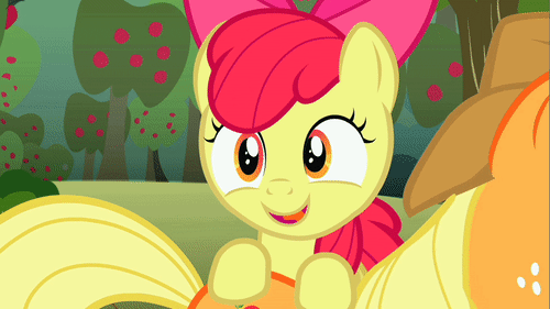 Size: 500x281 | Tagged: safe, screencap, character:apple bloom, character:applejack, species:earth pony, species:pony, episode:call of the cutie, g4, my little pony: friendship is magic, adorabloom, animated, apple tree, butt touch, cute, female, filly, freckles, happy, hoof on butt, mare, sweet apple acres, talking, tree