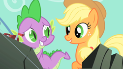 Size: 1280x720 | Tagged: safe, screencap, character:applejack, character:spike, species:dragon, species:earth pony, species:pony, episode:a dog and pony show, g4, my little pony: friendship is magic, female, fishing rod, looking at each other, male, mare, raised hoof
