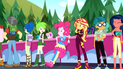 Size: 1280x720 | Tagged: safe, screencap, character:cherry crash, character:desert sage, character:dj pon-3, character:fluttershy, character:pinkie pie, character:sandalwood, character:sunset shimmer, character:twilight sparkle, character:twilight sparkle (scitwi), character:vinyl scratch, species:eqg human, equestria girls:sunset's backstage pass, g4, my little pony:equestria girls, background human, backpack, bare shoulders, cherry crash, clothing, crossed arms, desert sage, doodle bug, garden grove, geode of sugar bombs, geode of telekinesis, glasses, laurel jade, magical geodes, pants, pantyhose, raspberry lilac, rear view, sandals, sleeveless, smiling, strapless