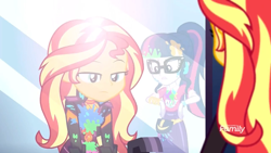 Size: 1280x720 | Tagged: safe, screencap, character:sunset shimmer, character:twilight sparkle, character:twilight sparkle (scitwi), species:eqg human, equestria girls:sunset's backstage pass, g4, my little pony:equestria girls, clothing, discovery family logo, female, geode of empathy, glasses, jacket, magical geodes, messy, mirror, paint, ponytail
