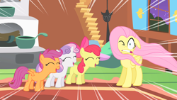 Size: 1280x720 | Tagged: safe, screencap, character:apple bloom, character:fluttershy, character:scootaloo, character:sweetie belle, species:earth pony, species:pegasus, species:pony, species:unicorn, episode:stare master, g4, my little pony: friendship is magic, bow, cutie mark crusaders, eyes closed, female, filly, fluttershy's cottage, funny, gritted teeth, loud, mare, one eye closed, open mouth, yelling