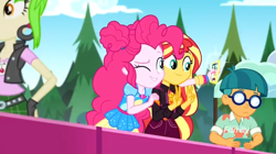Size: 1366x766 | Tagged: safe, screencap, character:cherry crash, character:pinkie pie, character:sunset shimmer, equestria girls:sunset's backstage pass, g4, my little pony:equestria girls, background human, cellphone, cherry crash, discovery family logo, doodle bug, forest, geode of sugar bombs, magical geodes, phone, selfie