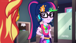 Size: 1280x720 | Tagged: safe, screencap, character:sunset shimmer, character:twilight sparkle, character:twilight sparkle (scitwi), species:eqg human, equestria girls:sunset's backstage pass, g4, my little pony:equestria girls, bathroom, clothing, discovery family logo, glasses, messy, messy hair, messy mane, painting, ponytail, skirt, smiling