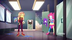 Size: 1366x768 | Tagged: safe, screencap, character:pinkie pie, character:sunset shimmer, equestria girls:sunset's backstage pass, g4, my little pony:equestria girls, discovery family logo, facial hair, geode of empathy, geode of sugar bombs, graffiti, magical geodes, mirror, moustache, paint, pirate rarity, shoes, sink, sneakers, toilet stall, unamused, washroom