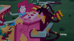 Size: 1366x768 | Tagged: safe, screencap, character:pinkie pie, character:sunset shimmer, equestria girls:sunset's backstage pass, g4, my little pony:equestria girls, broken, crashed, cross-eyed, discovery family logo, food, food cart, injured, night, ruined, sauce
