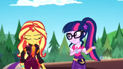 Size: 1366x768 | Tagged: safe, screencap, character:sunset shimmer, character:twilight sparkle, character:twilight sparkle (scitwi), species:eqg human, equestria girls:sunset's backstage pass, g4, my little pony:equestria girls, bad pun, discovery family logo, fake smile, geode of empathy, geode of telekinesis, magical geodes, pun, wristband
