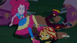 Size: 1366x768 | Tagged: safe, screencap, character:pinkie pie, character:sunset shimmer, equestria girls:sunset's backstage pass, g4, my little pony:equestria girls, broken, crashed, discovery family logo, food, injured, night, ruined, sauce, shoes, sneakers