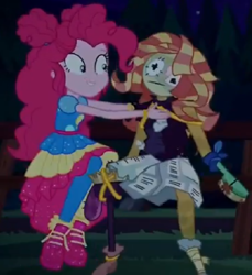 Size: 702x768 | Tagged: safe, screencap, character:pinkie pie, equestria girls:sunset's backstage pass, g4, my little pony:equestria girls, actual sunset shimmer, discovery family logo, dummy, hairbrush, newspaper, night, ragdoll, shoes, sneakers