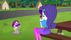 Size: 1366x768 | Tagged: safe, screencap, character:rarity, character:spike, character:spike (dog), species:dog, equestria girls:sunset's backstage pass, g4, my little pony:equestria girls, ass, butt, clothing, cropped, discovery family logo, hat, rearity, spike's dog collar, spike's festival hat, table, tail, tent