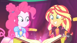 Size: 1366x768 | Tagged: safe, screencap, character:pinkie pie, character:sunset shimmer, equestria girls:sunset's backstage pass, g4, my little pony:equestria girls, alternate hairstyle, discovery family logo, glow, magic book, smiling