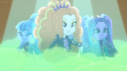 Size: 1366x768 | Tagged: safe, screencap, character:adagio dazzle, character:aria blaze, character:sonata dusk, episode:find the magic, equestria girls:sunset's backstage pass, g4, my little pony:equestria girls, discovery family logo, green smoke, microphone, smoke, spotlight, the dazzlings
