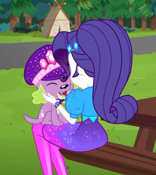 Size: 962x1080 | Tagged: safe, screencap, character:rarity, character:spike, character:spike (dog), species:dog, equestria girls:sunset's backstage pass, g4, my little pony:equestria girls, ass, butt, clothing, cropped, facing away, female, geode of shielding, happy, hat, hug, magical geodes, male, outdoors, picnic table, rear view, rearity, sitting, smiling, spike's festival hat, spikelove, table